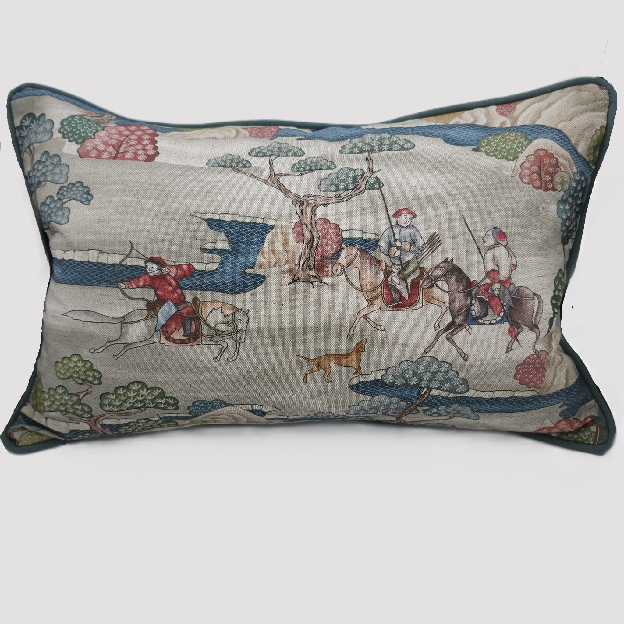 Rectangular cushion cover showing mounted hunters on the Mongolian steppes in beige, blue, pink and green