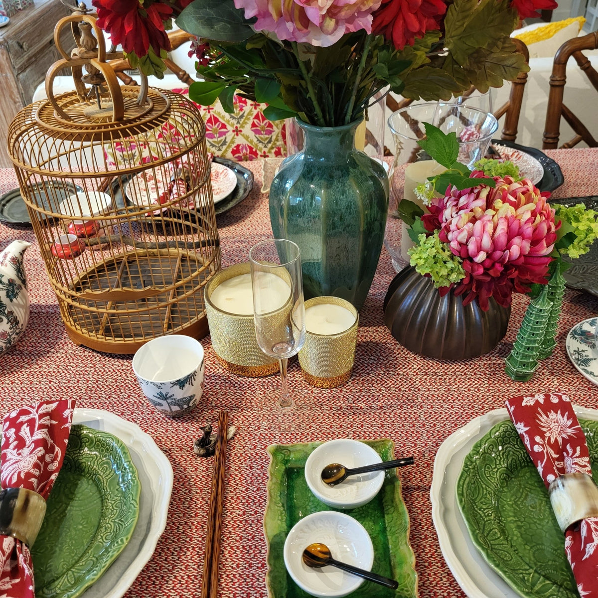 Green ceramic pagodas, 14 cm tall, shown in a Lunar New Year table setting with other pieces