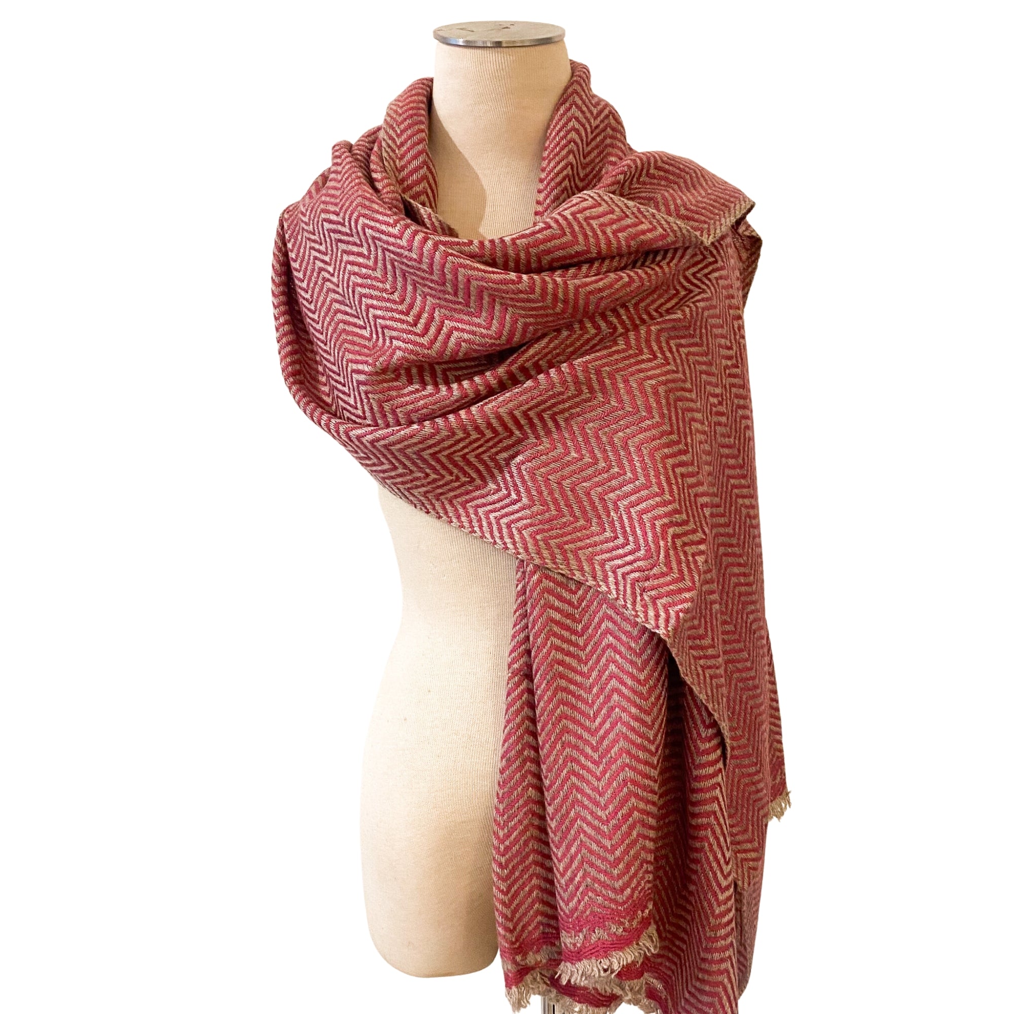 Cashmere Shawl Herringbone: soft woven wrap to wear or layer, from Inside Living Singapore. Side view.