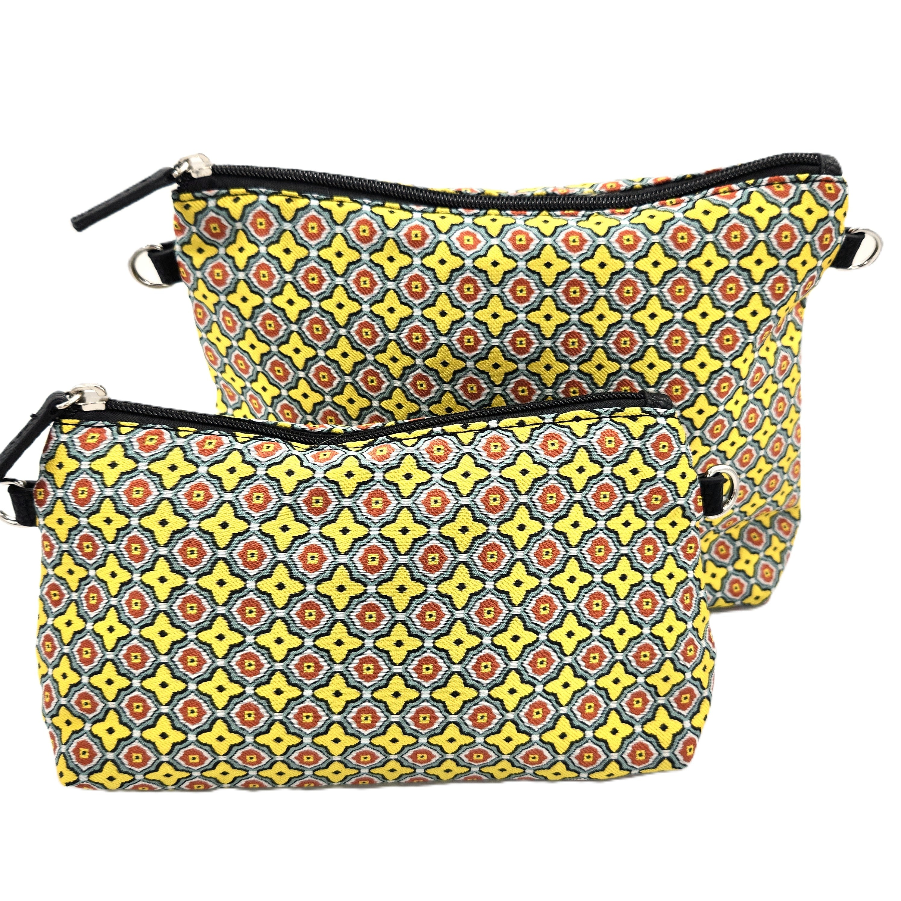 Artist Mosaic cosmetic bag in yellow with black lining and inner zip pocket, available in three sizes