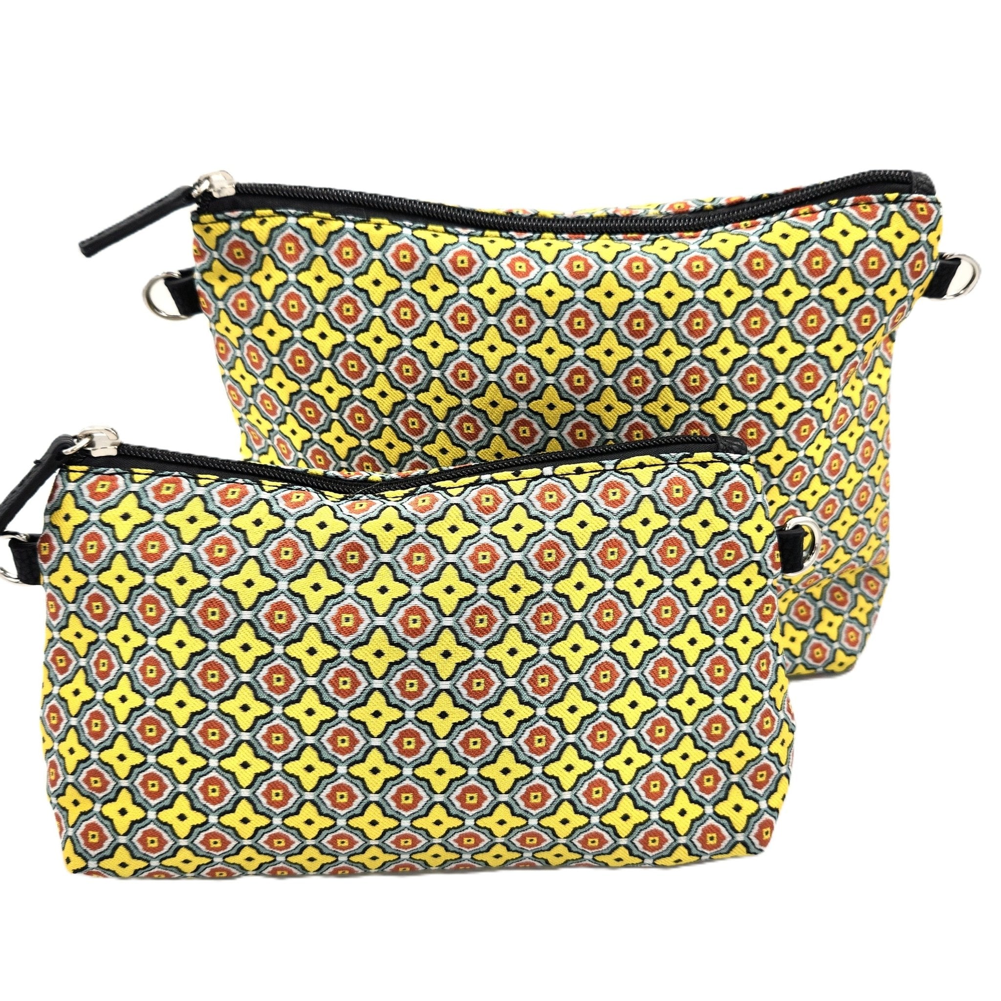 Artist Mosaic cosmetic bag in yellow with black lining and inner zip pocket, available in three sizes