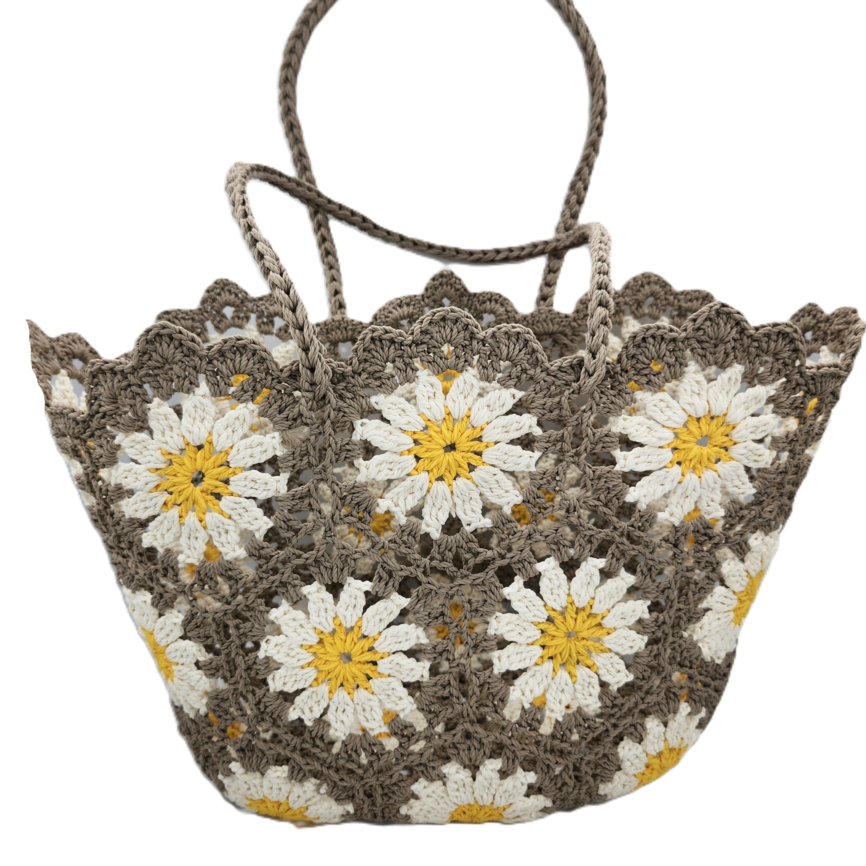 Handmade crochet beach bag with flower design, 45 cm wide, 34 cm high, in assorted colours