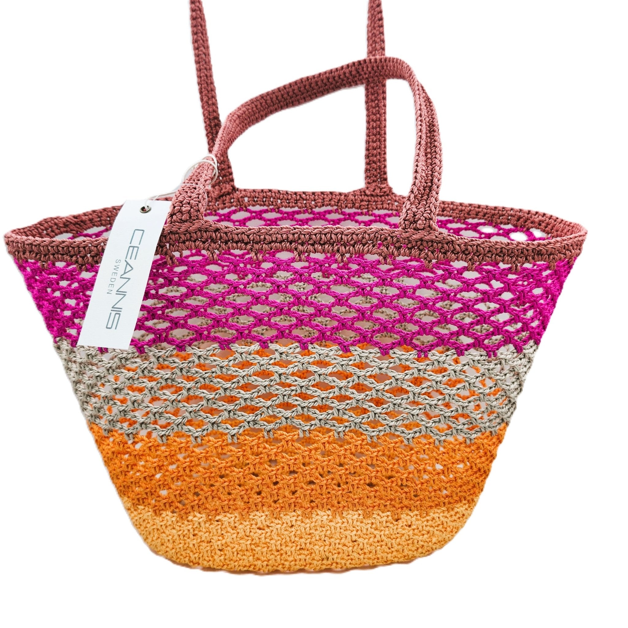 Crochet storage basket in water-resistant woven polyester with summery pink and orange stripes, 43 x 29 x 15cm