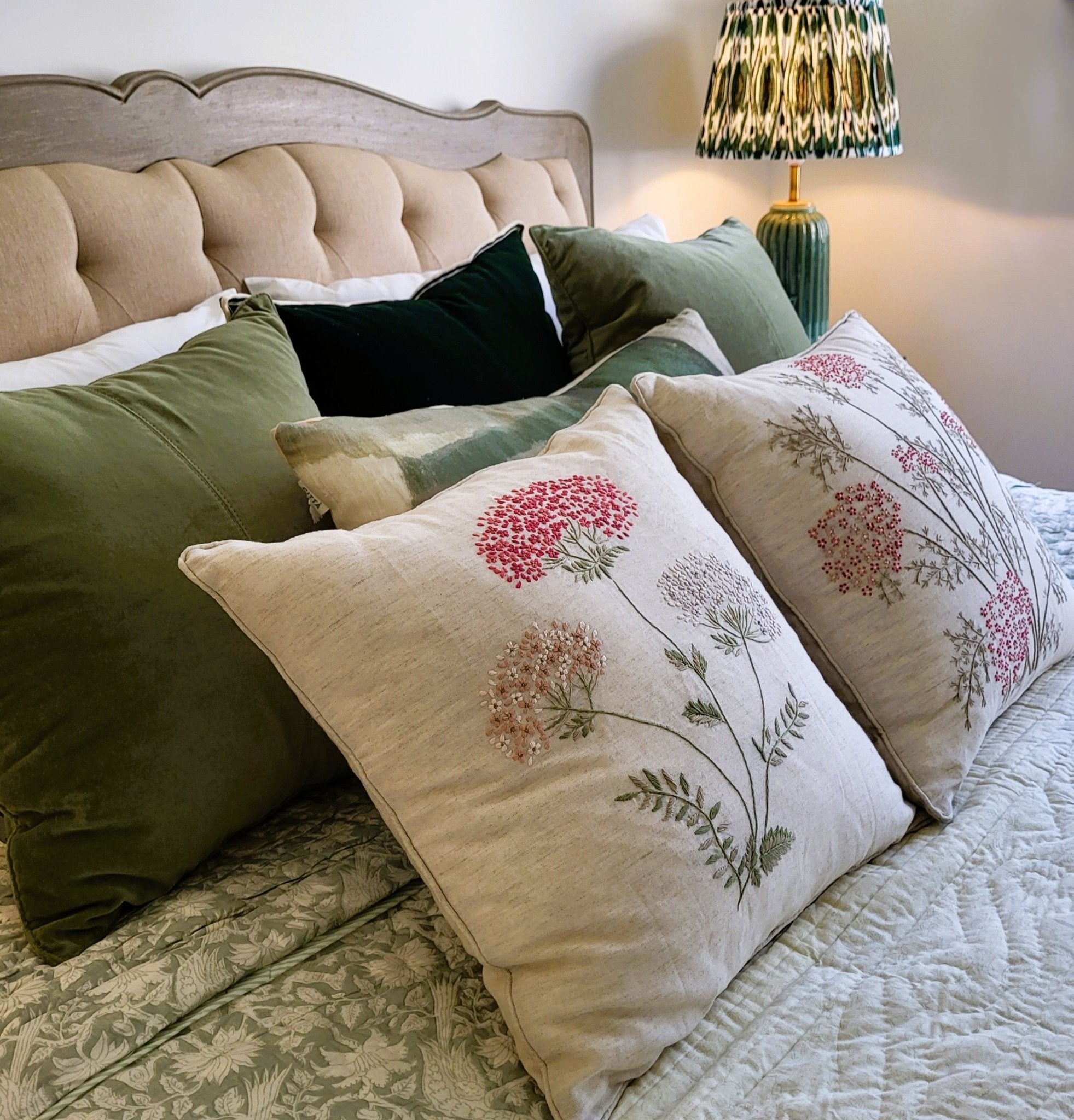 Linen Hand Embroidered Spring Blossom Cushion from Inside Living Singapore. Alternate angle.