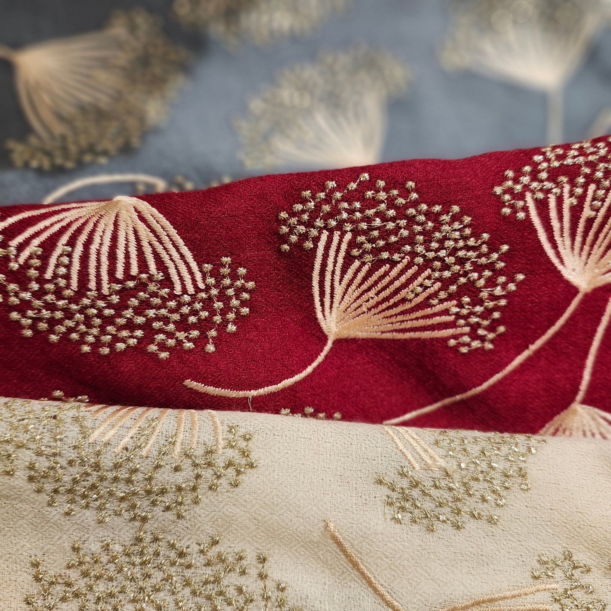 Embroidered pashmina shawl in 'Dandelion' design, soft handmade wrap scarf with fine hand embroidery