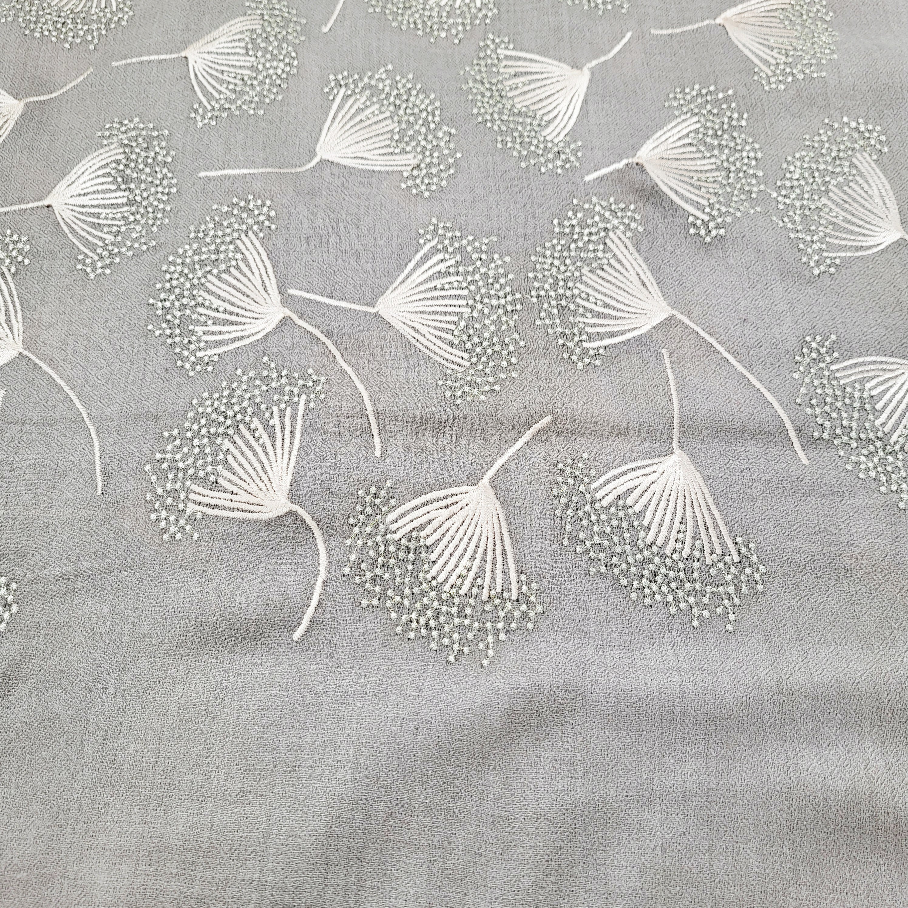 Embroidered pashmina shawl in 'Dandelion' design, soft handmade wrap scarf with fine hand embroidery, close-up view