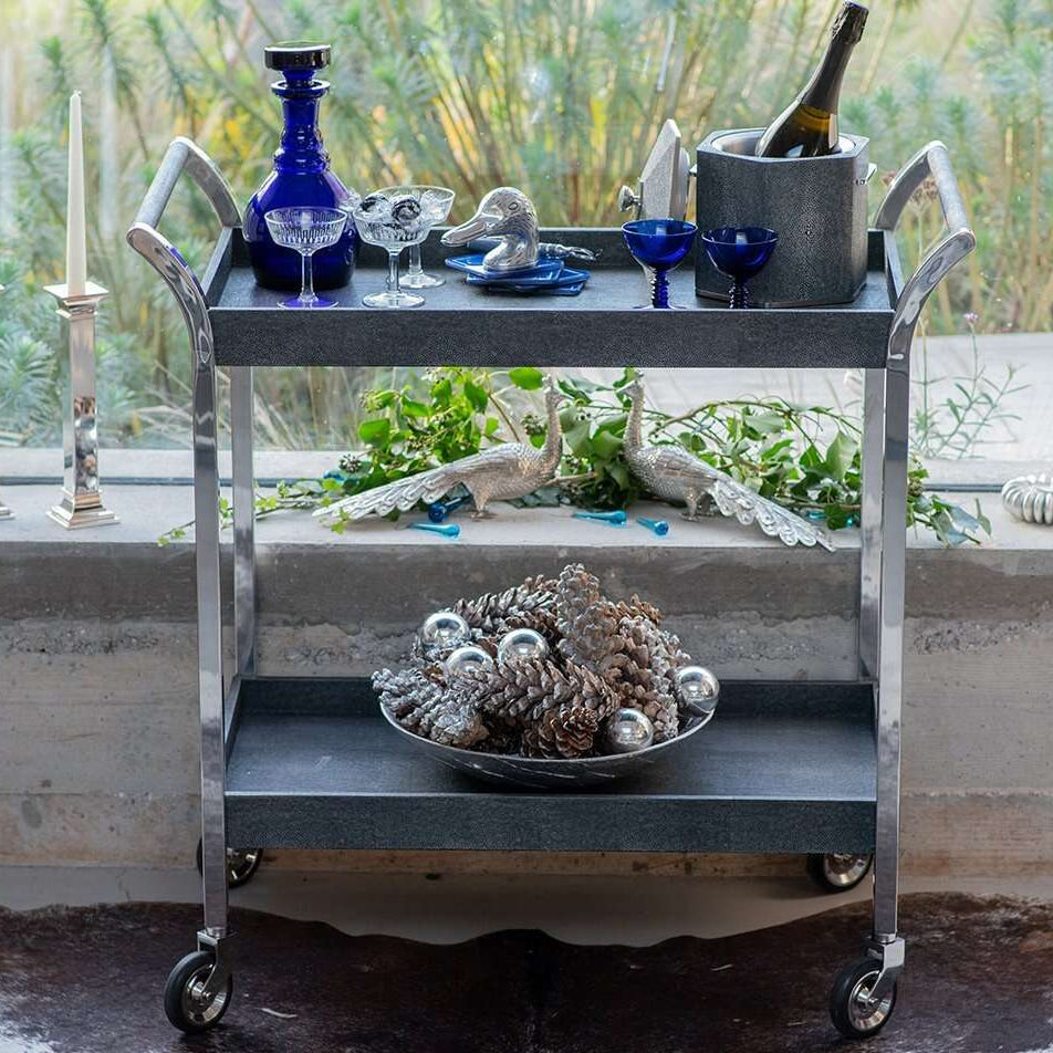 Faux Shagreen Drinks Trolley/Bar Cart With Handle - Charcoal, detail view - buy homeware, tableware and interior