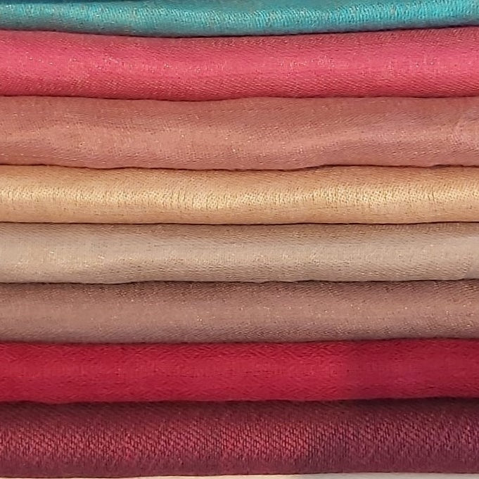 Duo pashmina shawl woven with metallic thread, colour one side and gold sheen the other, 70 x 200 cm