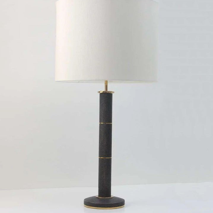 Seal brown faux shagreen column table lamp with brass fittings and cream silk drum shade, 78 cm high