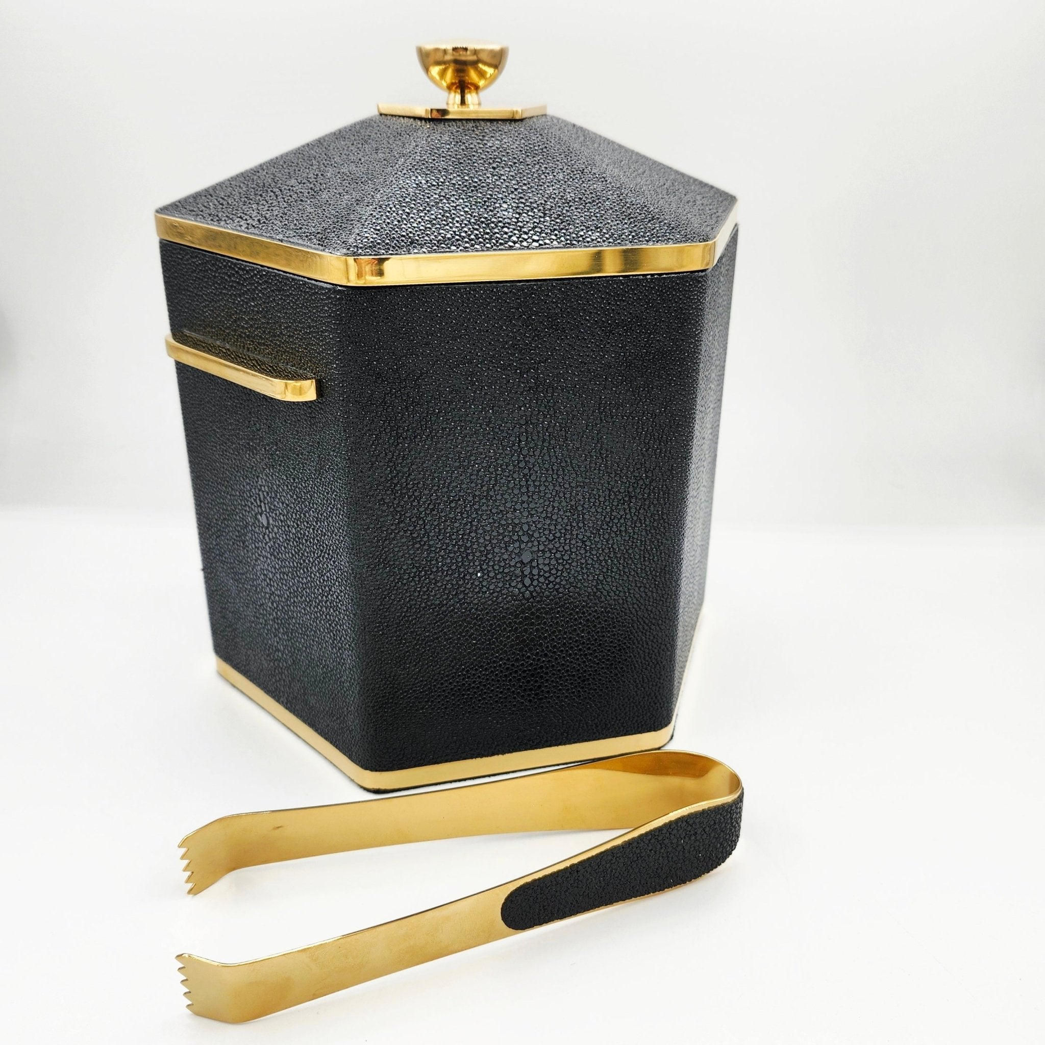 Caviar black faux shagreen Otis ice bucket with stainless steel handles and removable liner, 18 x 20 x 21 cm