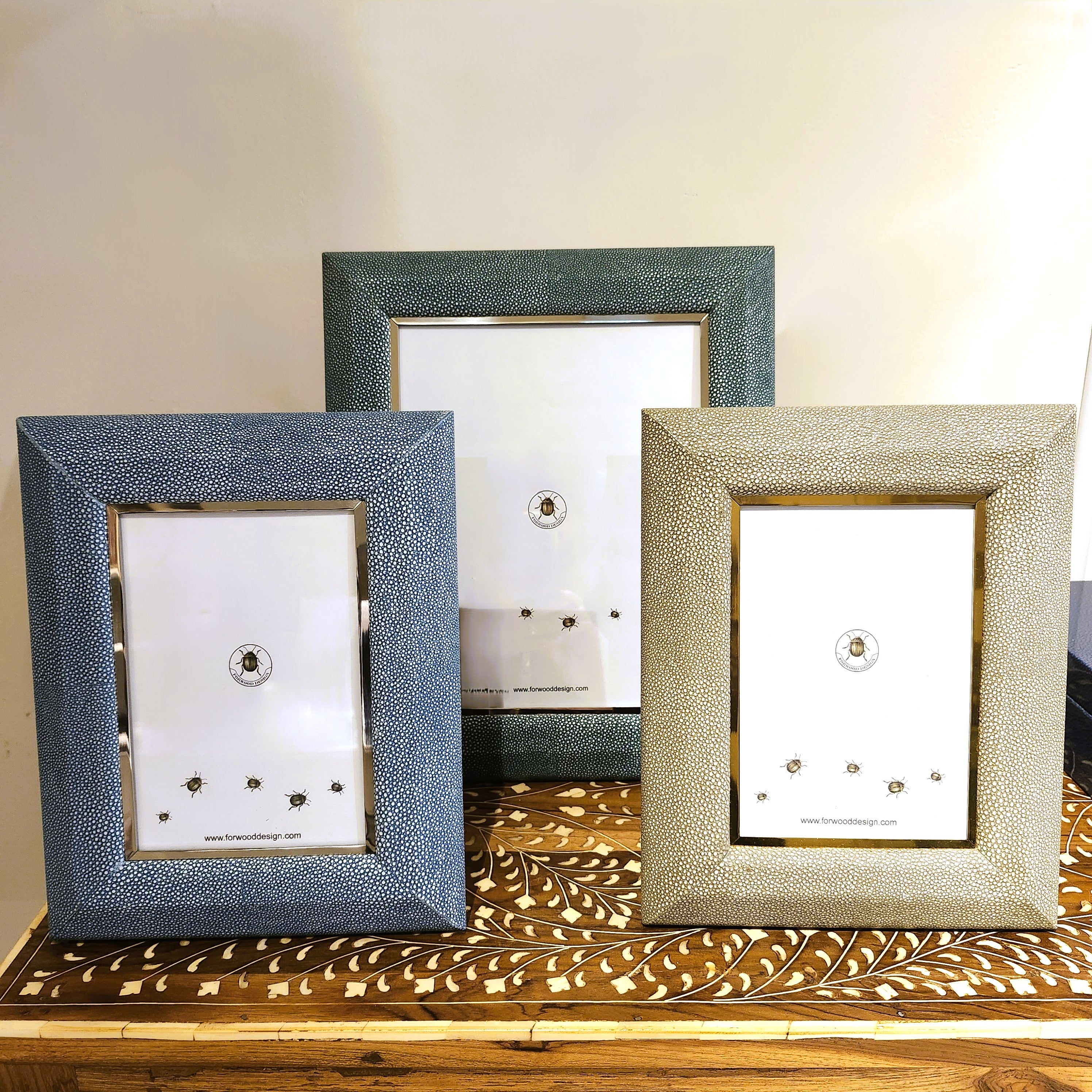 Faux Shagreen Bella Photo Frame Teal from Inside Living Singapore, alternate angle.