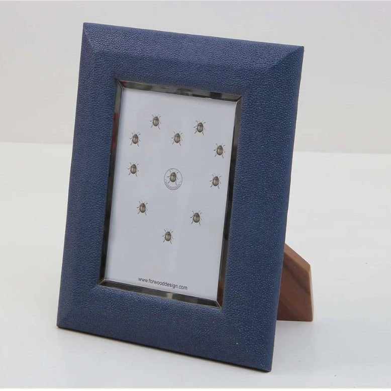Nile blue faux shagreen Bella photo frame with stainless steel trim and walnut back, 5 x 7 or 8 x 10 inch