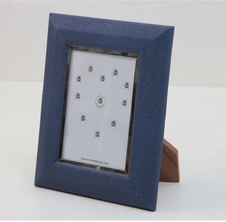Nile blue faux shagreen Bella photo frame with stainless steel trim and walnut back, 5 x 7 or 8 x 10 inch