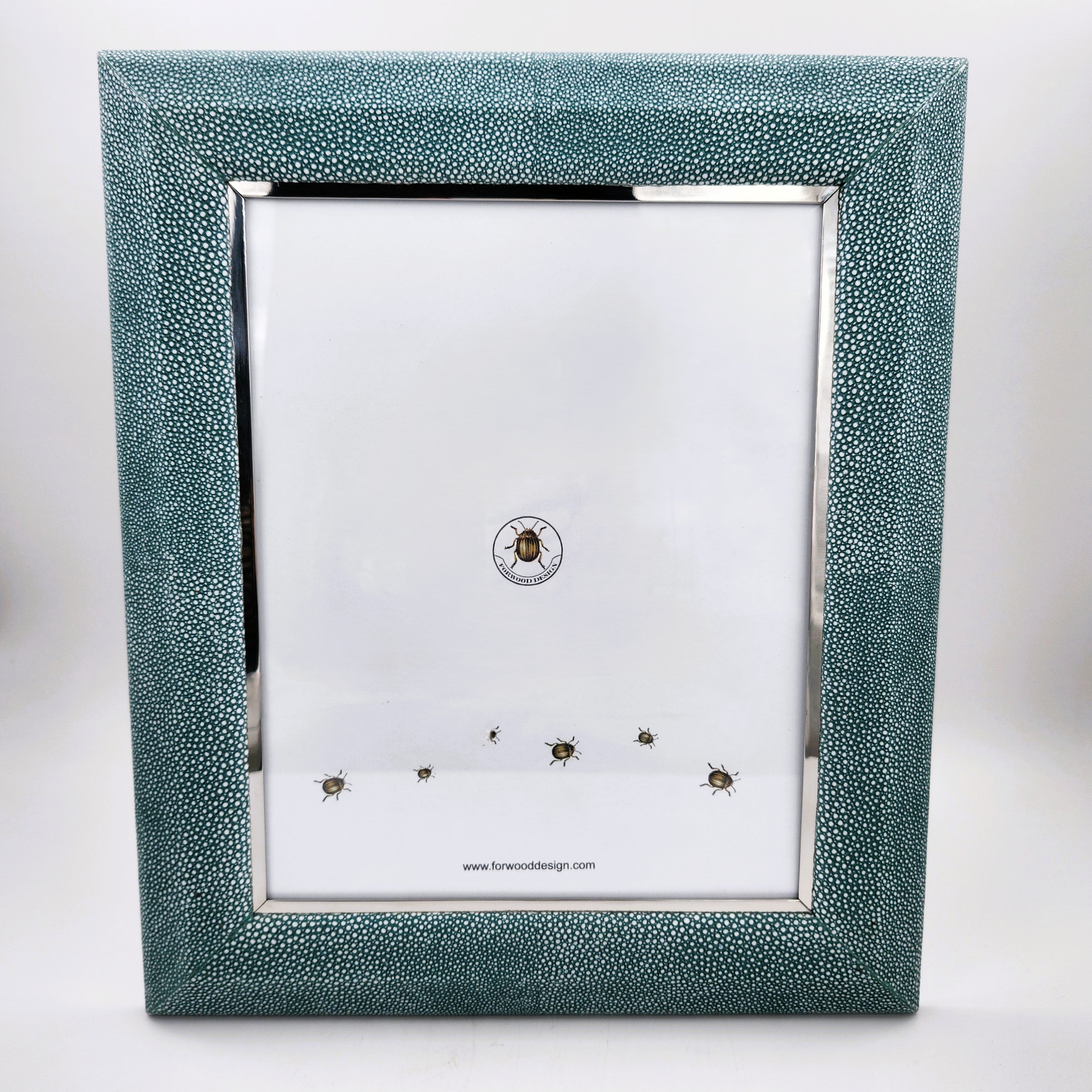 Teal faux shagreen Bella photo frame with stainless steel trim and walnut back, 5 x 7 or 8 x 10 inch