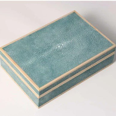 Teal faux shagreen jewellery box with wood trim and suede-lined interior, 23.5 x 14.5 x 7 cm