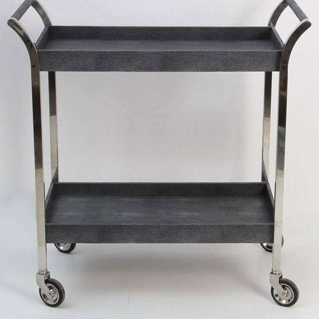Woodstock drinks trolley in charcoal faux shagreen with stainless steel arc handles, 87 x 45 x 90 cm