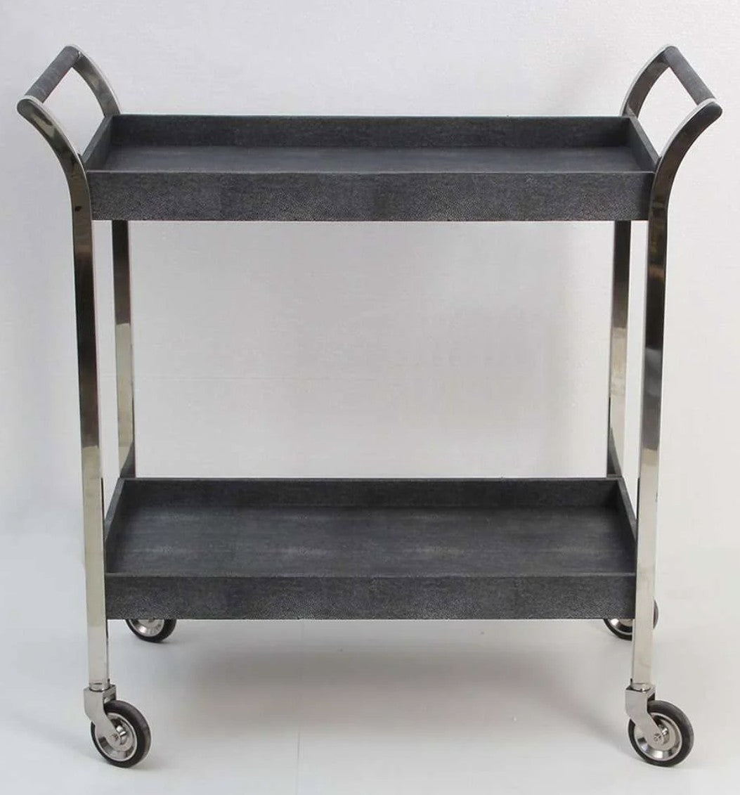 Woodstock drinks trolley in charcoal faux shagreen with stainless steel arc handles, 87 x 45 x 90 cm