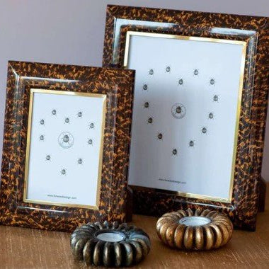 Faux tortoiseshell photo frame with polished brass trim and walnut back, for 5 x 7 or 8 x 10 inch photos