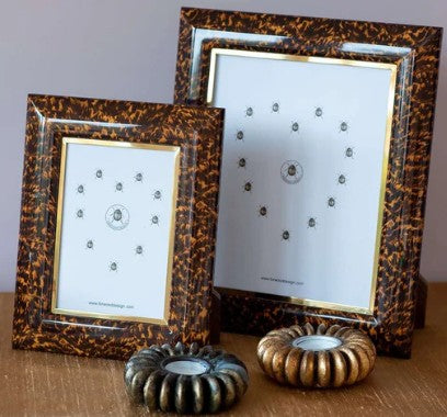 Faux tortoiseshell photo frame with polished brass trim and walnut back, for 5 x 7 or 8 x 10 inch photos