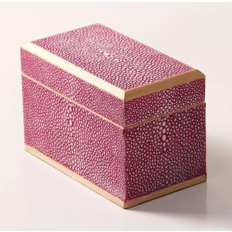 Pink faux shagreen playing card box with sycamore lining, two card packs included, 12 x 6 x 8 cm