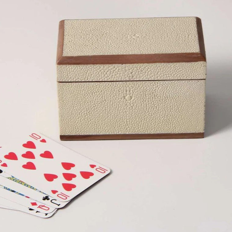 Almond faux shagreen playing card box with walnut lining, two card packs included, 12 x 6 x 8 cm