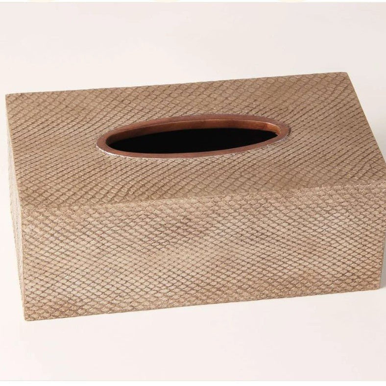 Antique silver faux boa leather tissue box cover with walnut trim, fits rectangular boxes, 26 x 14 x 10 cm