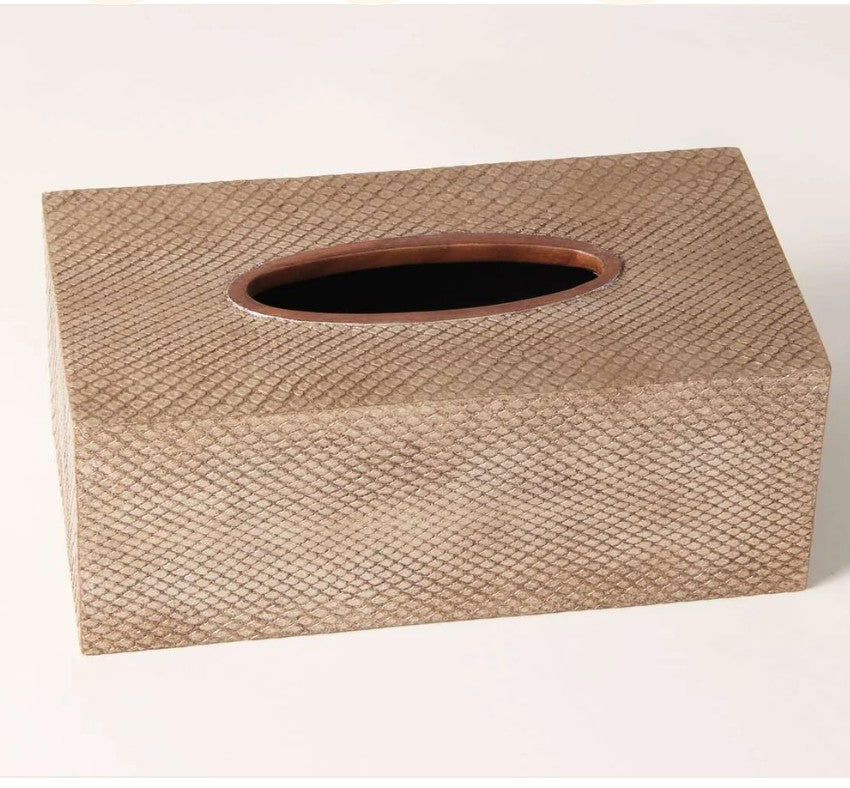Antique silver faux boa leather tissue box cover with walnut trim, fits rectangular boxes, 26 x 14 x 10 cm