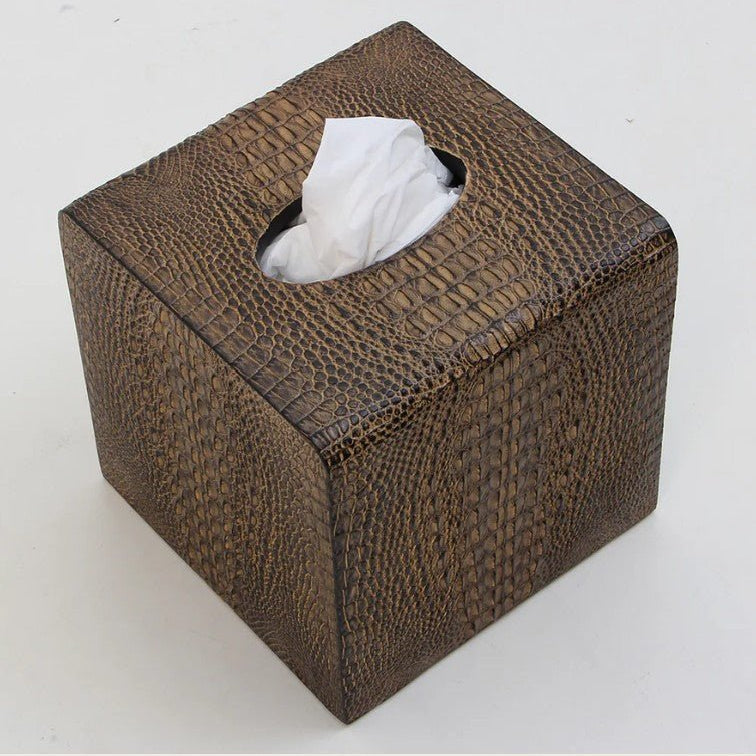 Square tissue box cover in crocodile-embossed finish, fits standard cube boxes, 14 x 14 x 14 cm