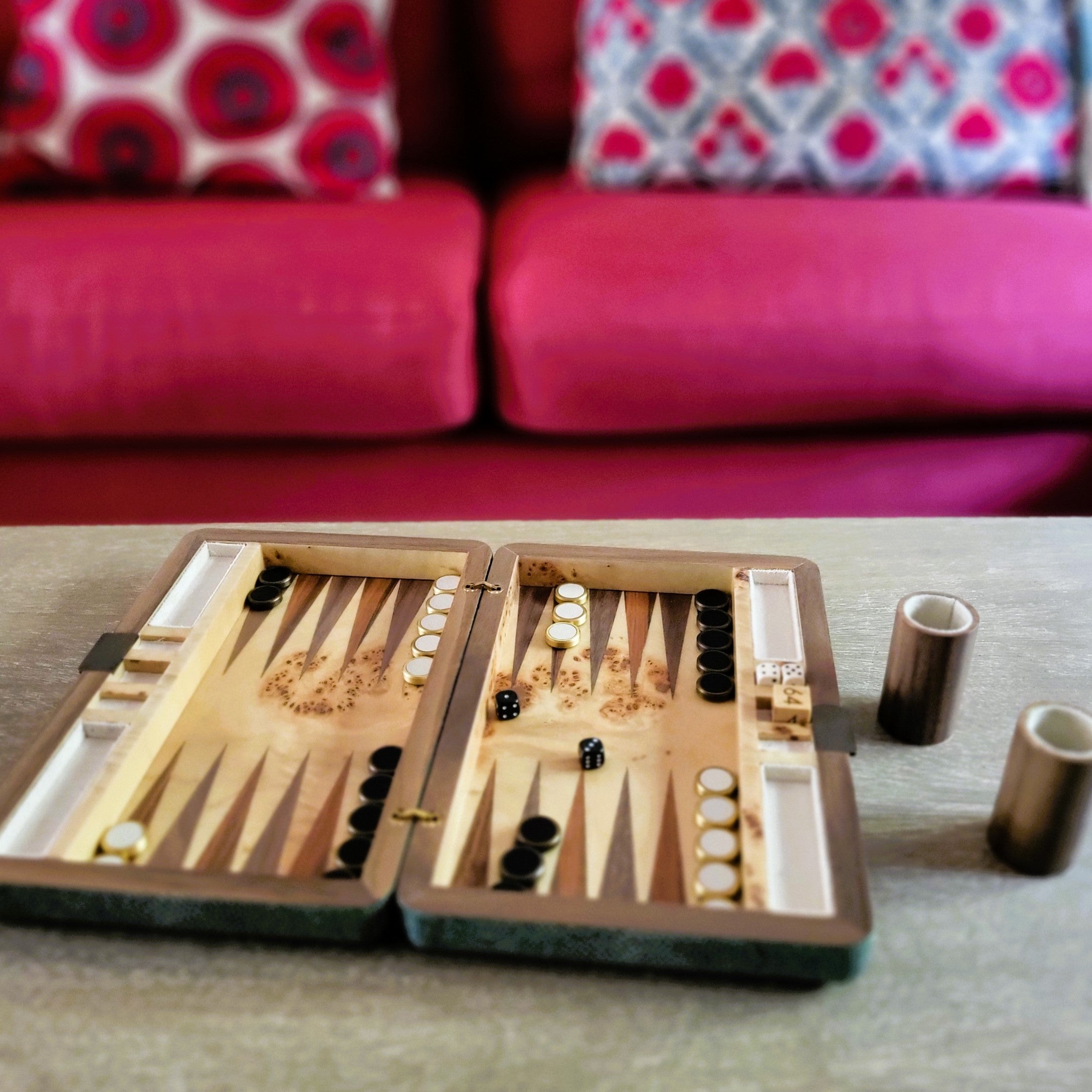 Faux shagreen travel backgammon set with inlaid wood board, 25.5 x 17 x 5 cm, in four colours