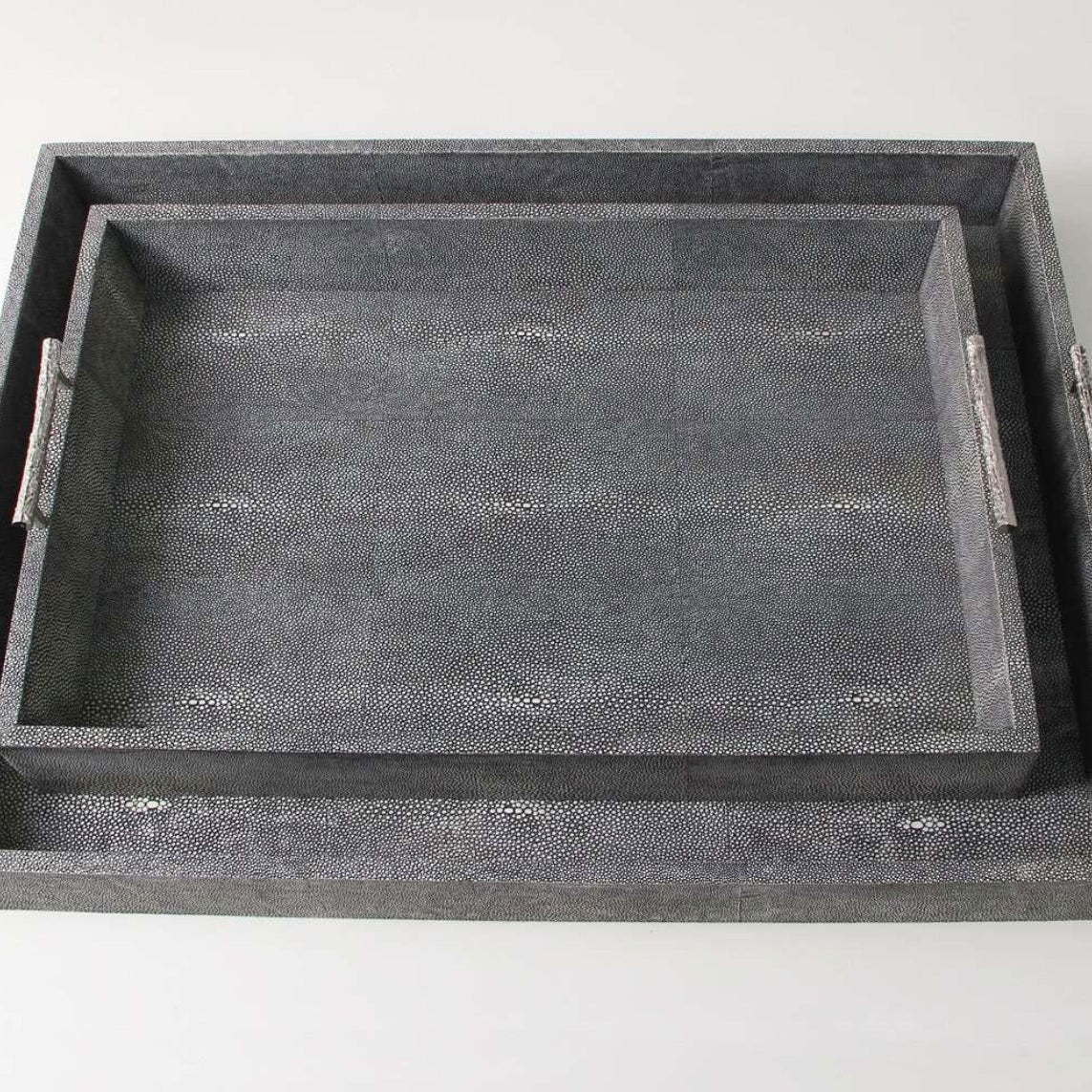 Rectangular serving tray in charcoal faux shagreen with stainless steel twig handles, 61 x 48 cm