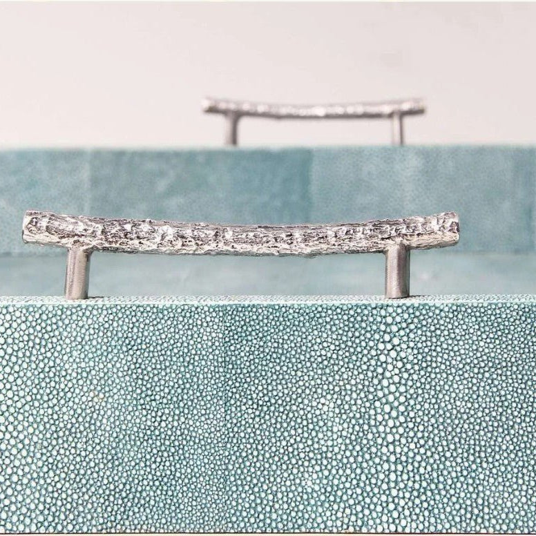 Teal faux shagreen rectangular serving tray with stainless steel twig handles, 51 x 36 x 9 cm