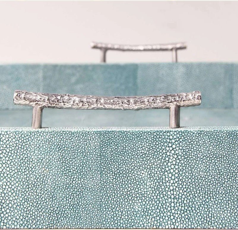 Teal faux shagreen rectangular serving tray with stainless steel twig handles, 51 x 36 x 9 cm