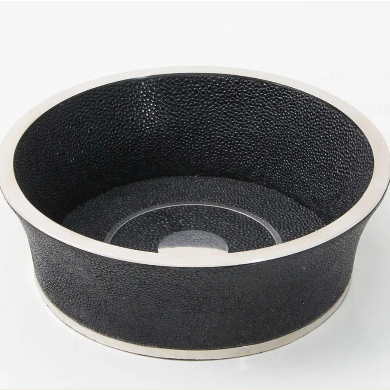 Jet black faux shagreen wine bottle coaster with stainless steel trim, fits wine and champagne, 16 x 16 cm