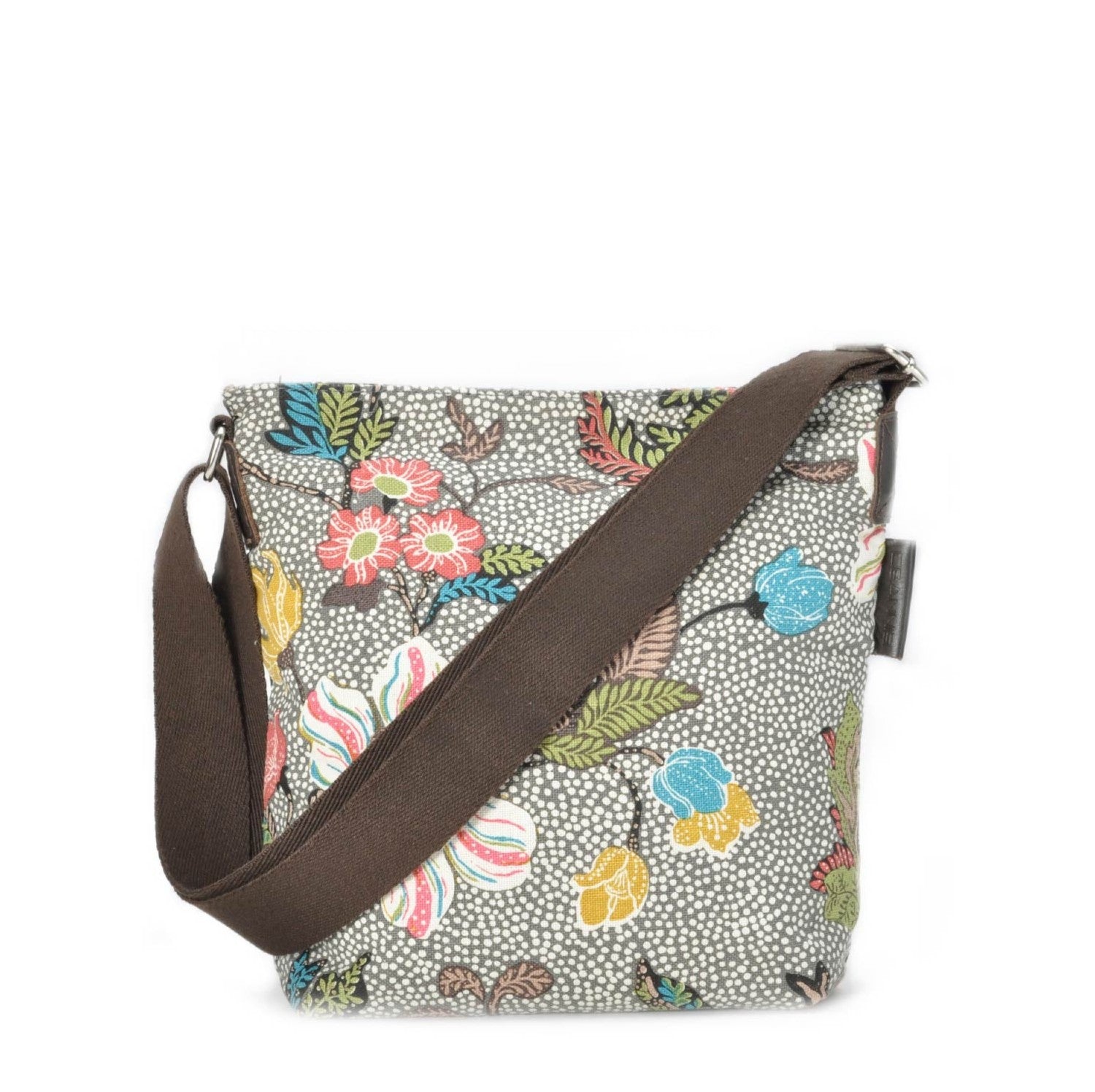 Small floral linen and cotton shoulder bag in grey with leather trim and zip, 20 x 26 x 8 cm
