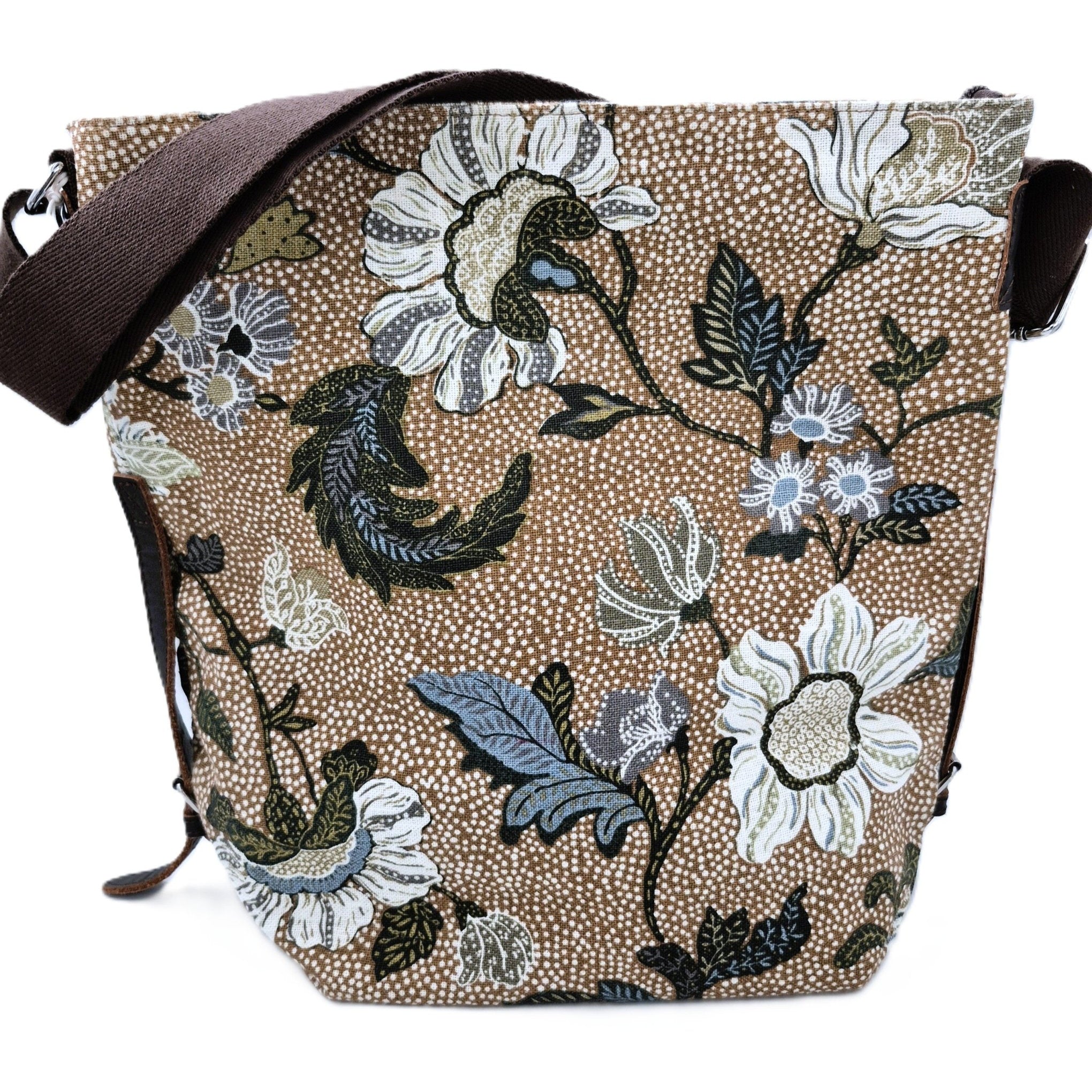 Floral linen and cotton shoulder bag with leather trim and adjustable strap, in red, hot pink or camel