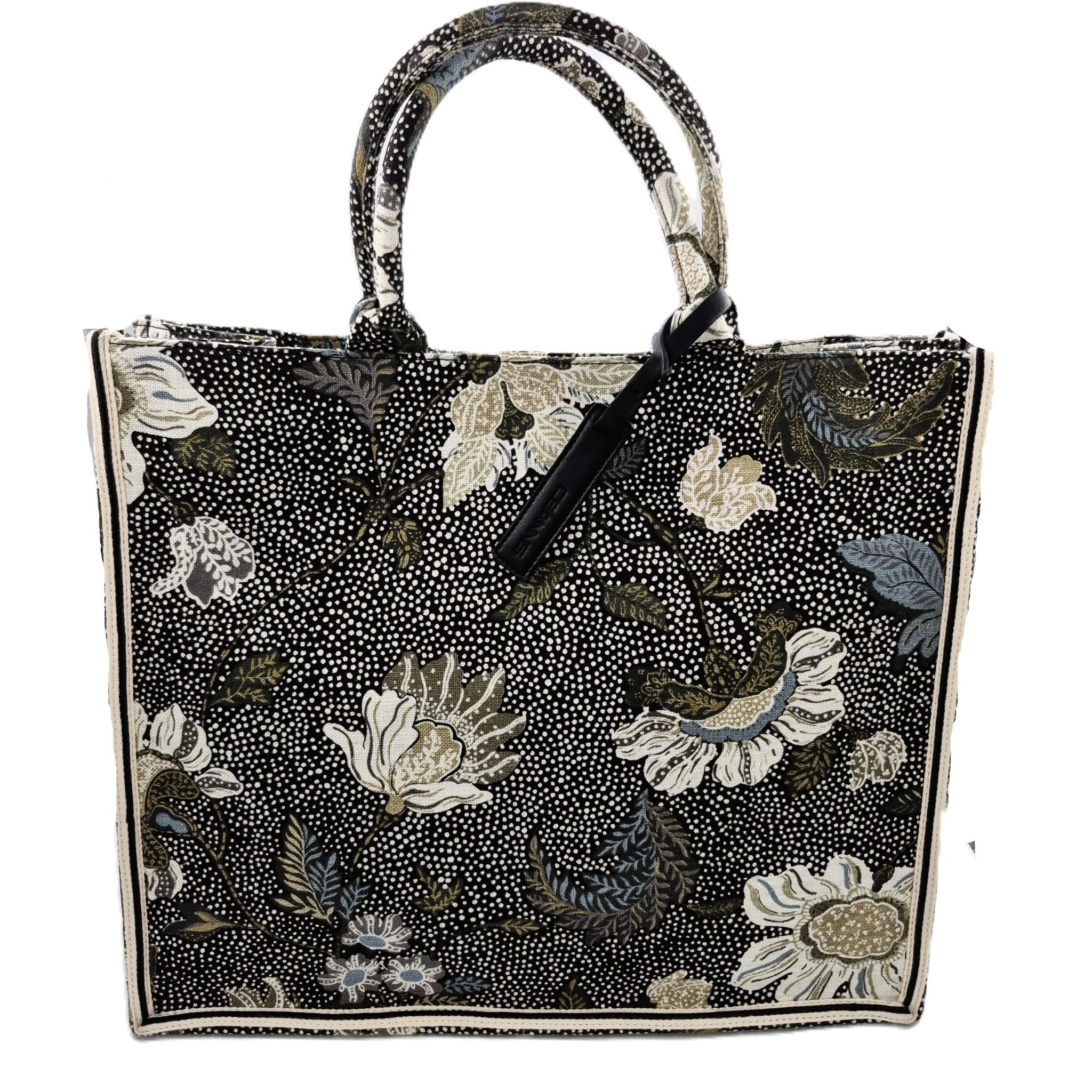 Black linen-canvas shopper bag with floral print and inner organiser, 41 x 35 x 16 cm