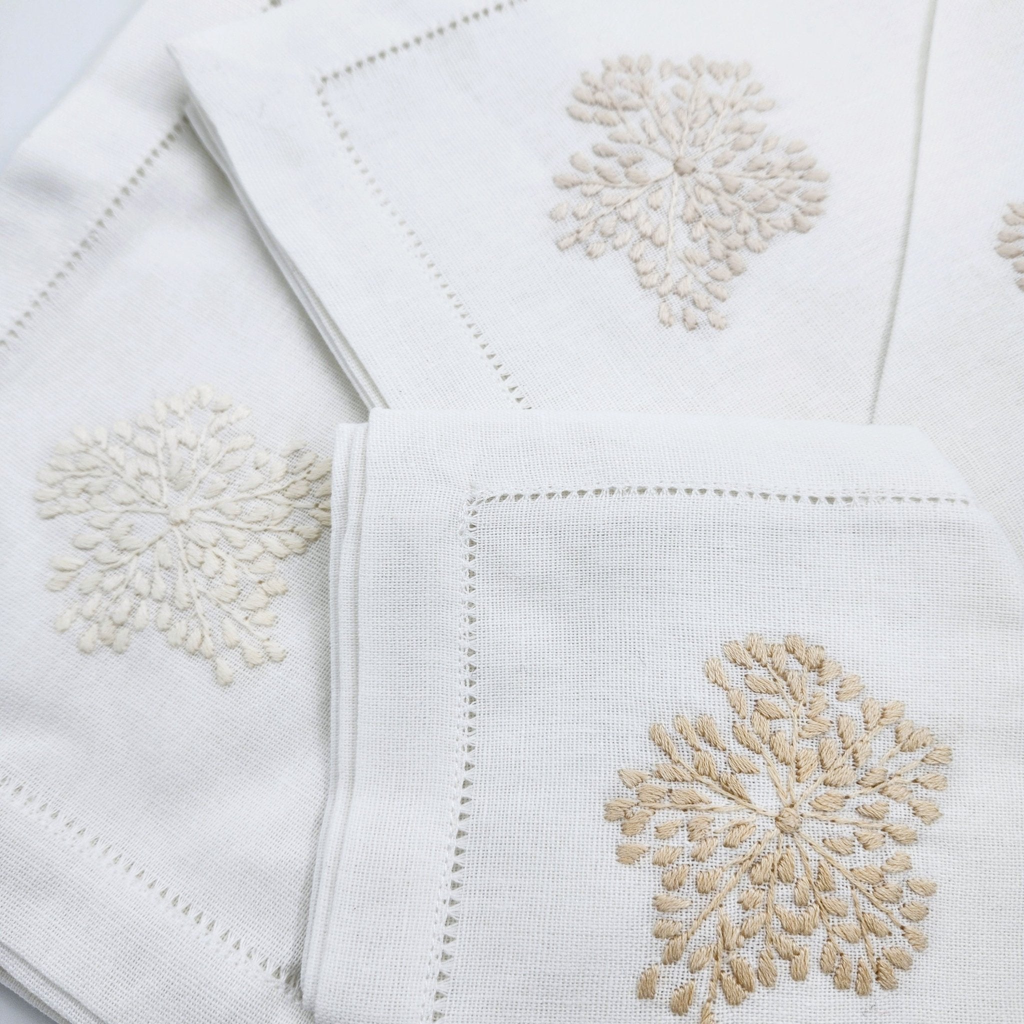 Set of six hand-embroidered linen napkins with corner florals in natural beige shades, 45 x 45 cm