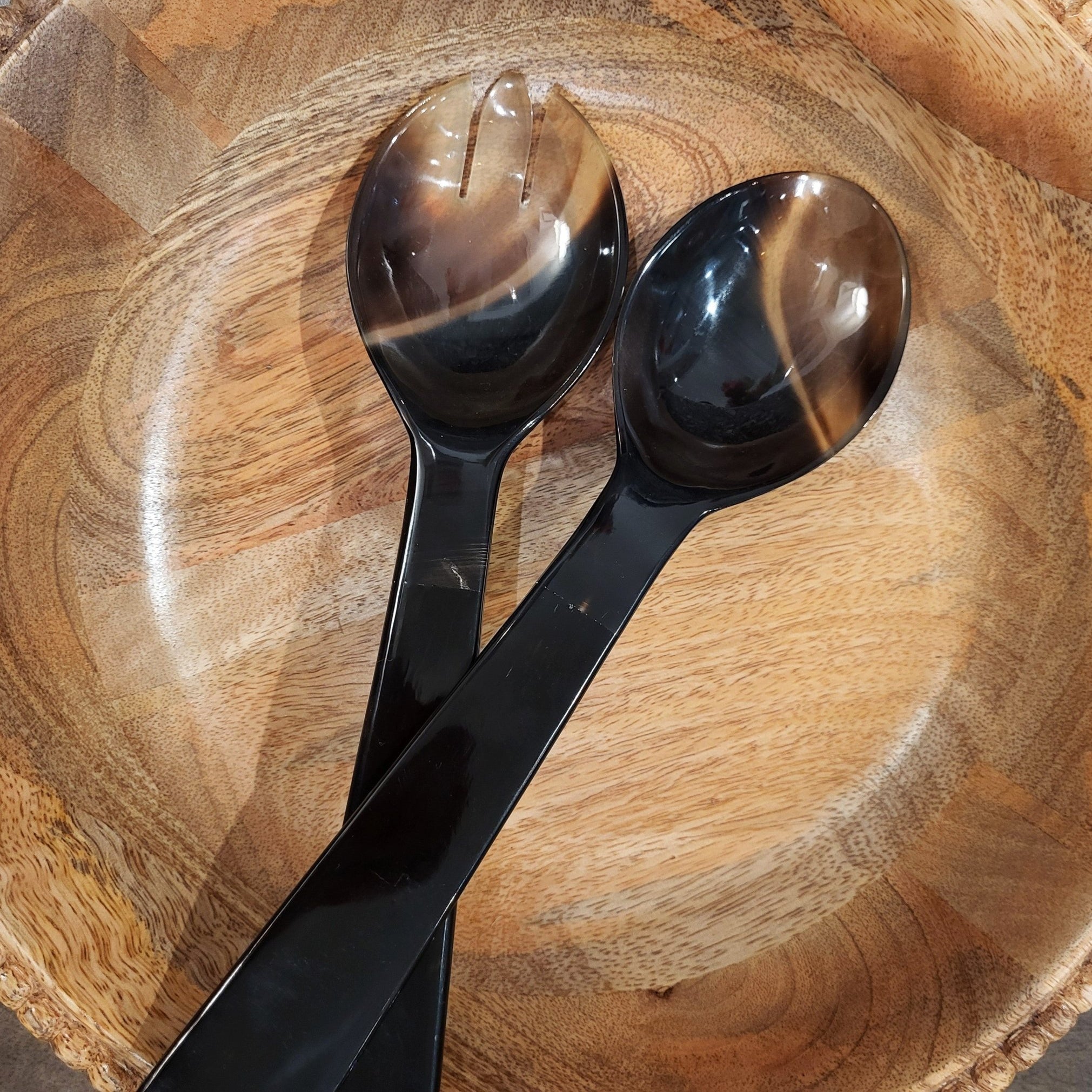 Horn salad servers set of 2, handcrafted natural serving set with horn detail, elegant eco-friendly tableware.