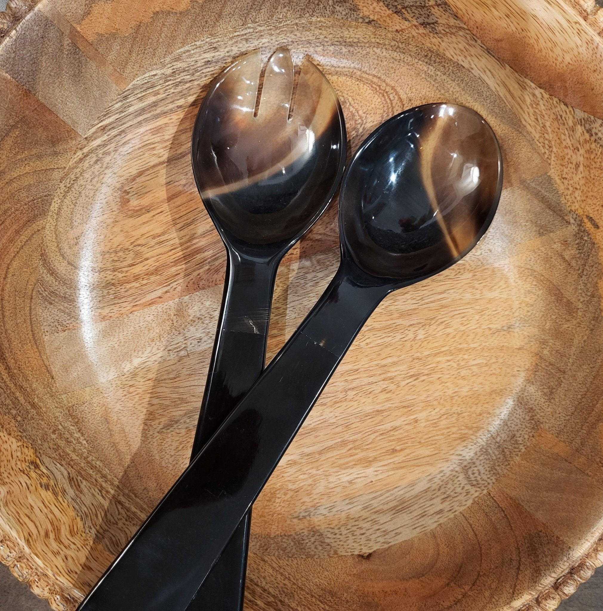 Horn salad servers set of 2, handcrafted natural serving set with horn detail, elegant eco-friendly tableware.