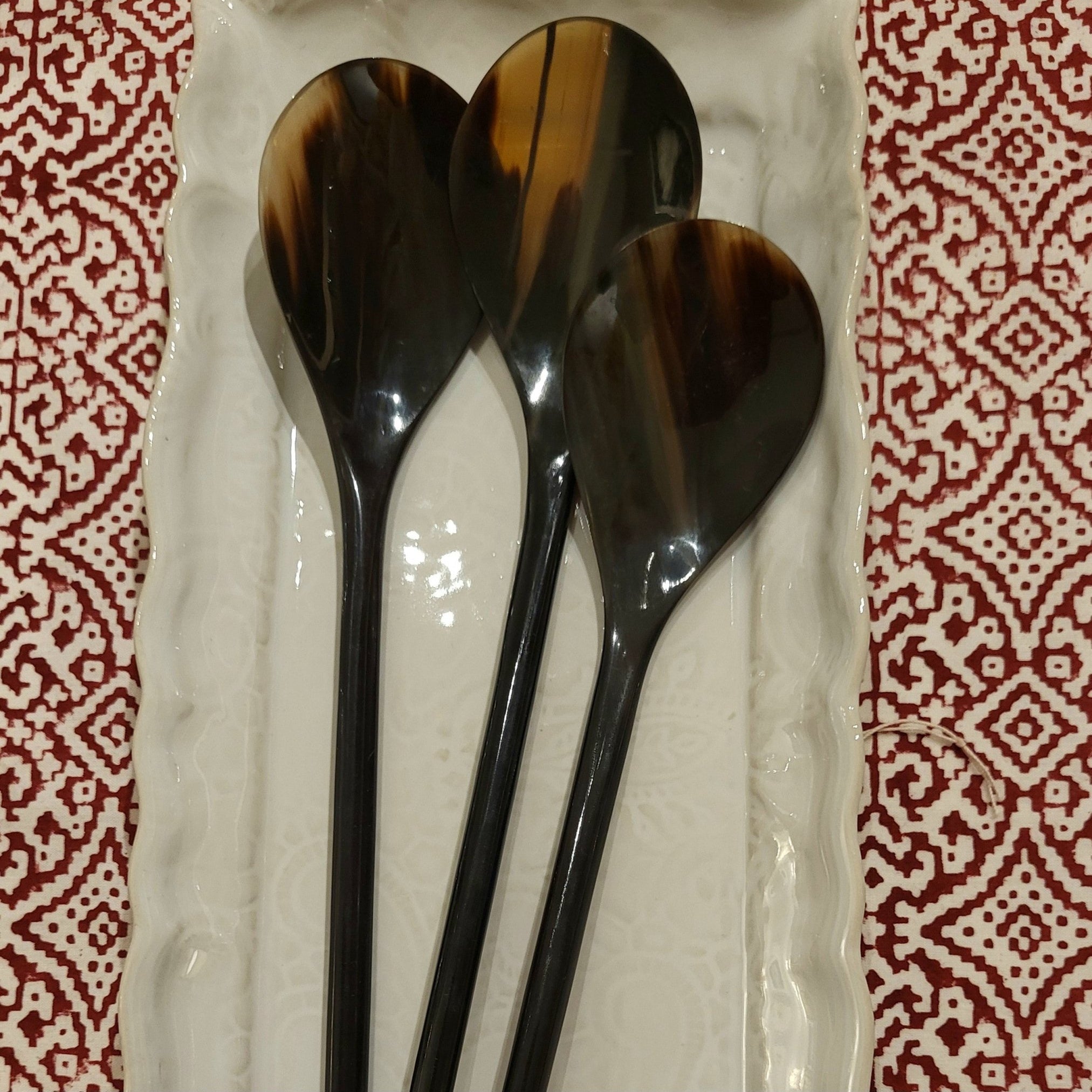 Long handcrafted horn spoon for cooking, stirring or serving, 27.5 cm tall, each naturally unique