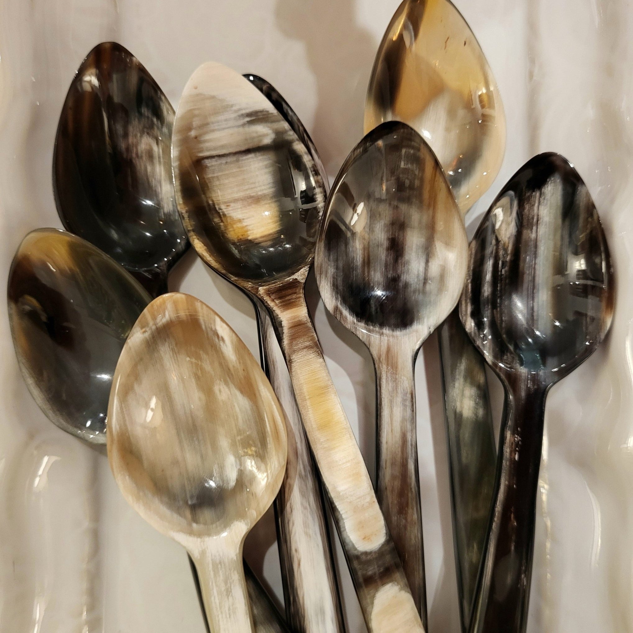 Tea spoon handcrafted from horn, each naturally unique in colour and marking, approximately 15 cm long
