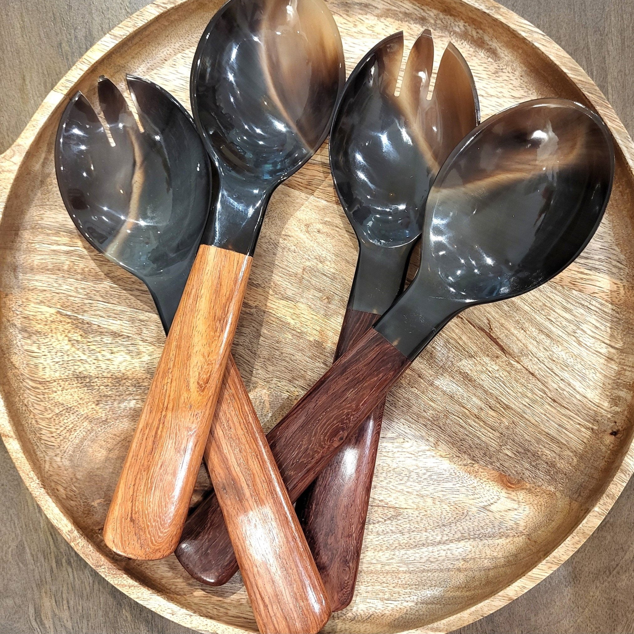 Set of 2 horn salad servers with plain wood handles, handcrafted natural serving pair, around 26 cm
