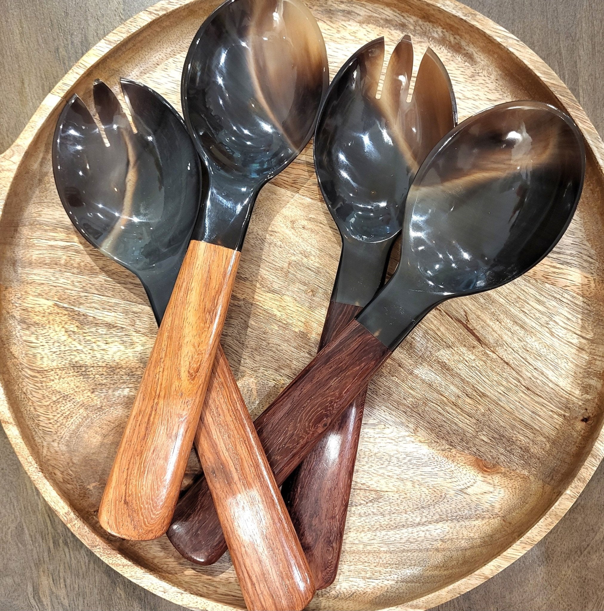 Set of 2 horn salad servers with plain wood handles, handcrafted natural serving pair, around 26 cm
