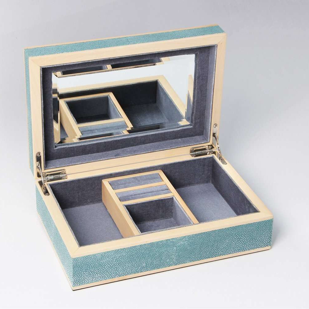 Teal faux shagreen jewellery box trimmed with sycamore wood, 28 x 19 x 8.5cm, with stainless steel hardware.