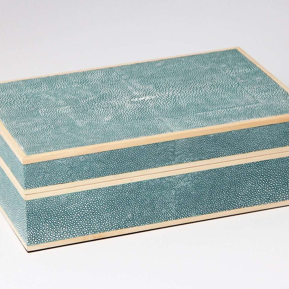 Open view of the teal shagreen jewellery box, showing the smoky blue suede lining, mirror and sliding tray.
