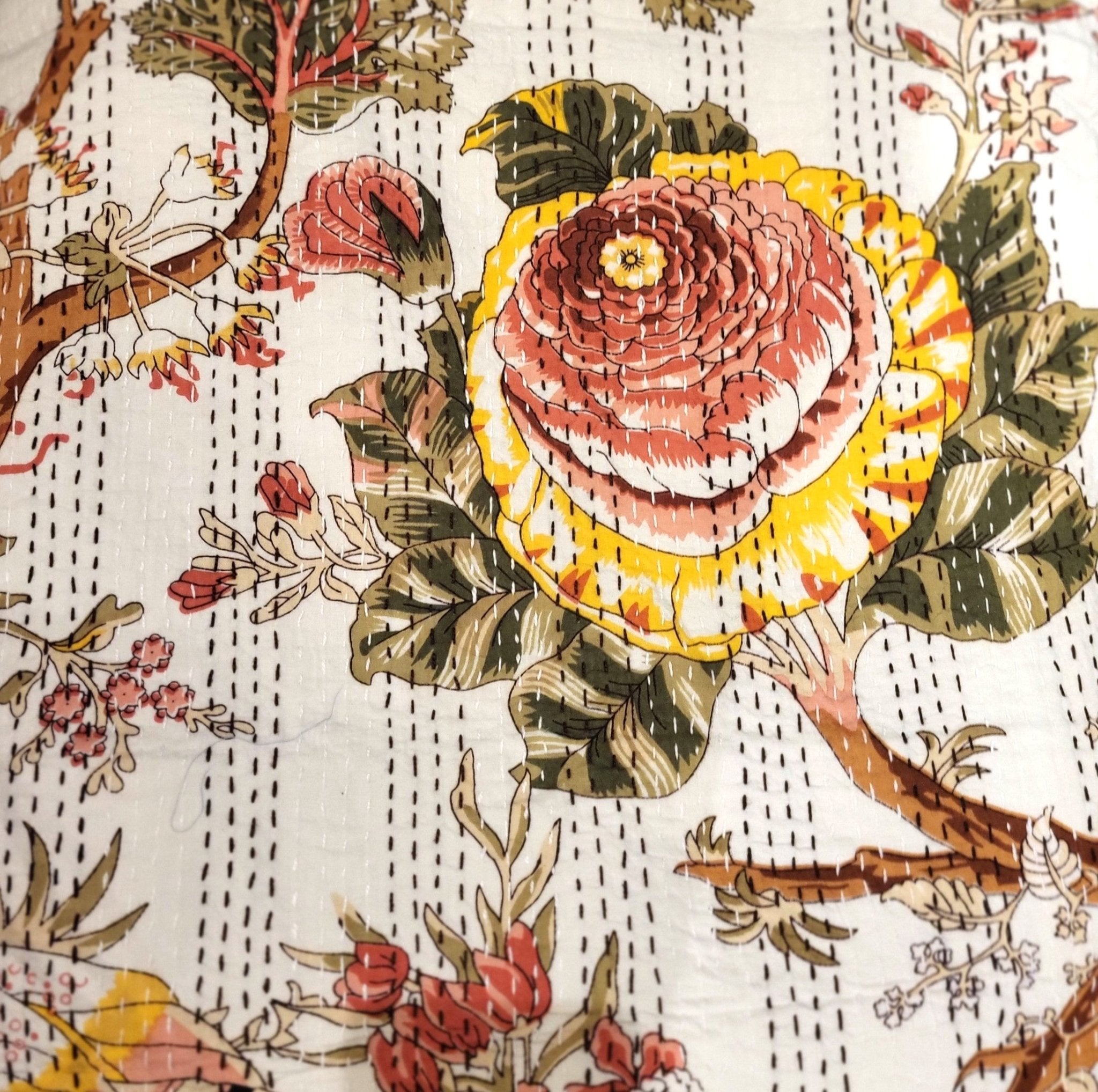 Kantha cotton bedspread and throw in assorted floral designs, 210 x 260 cm, from Inside Living Singapore Front view.