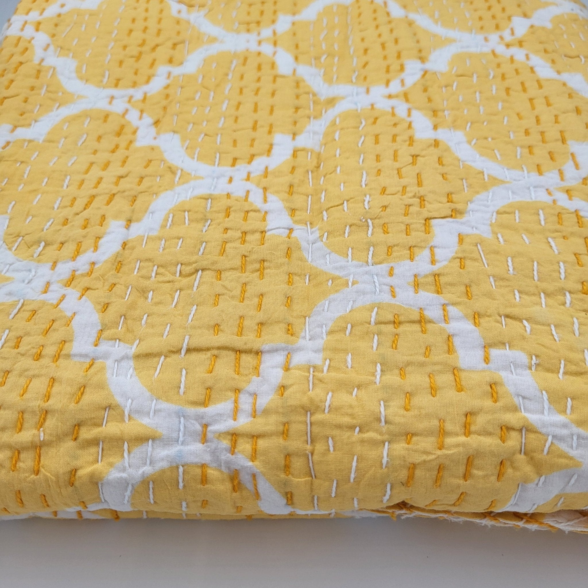 Hand-stitched kantha cotton bedspread in a yellow trellis block print, king size 275 x 275 cm