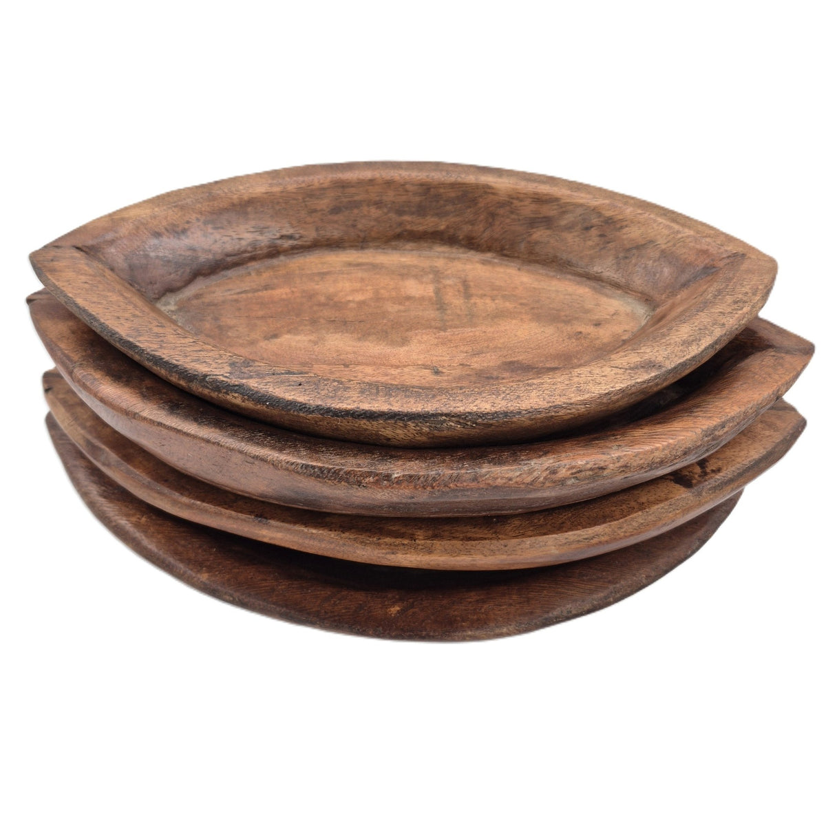 Decorative almond-shaped platter in vintage teak, roughly 34cm long and 5cm high, with a smooth wood grain finish
