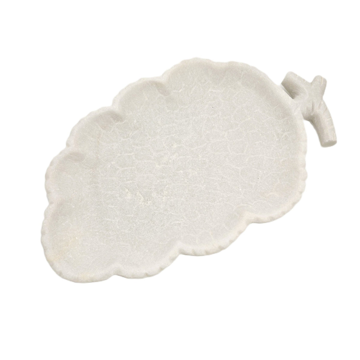 White marble platter hand carved in a tree design, about 34 cm long and 20 cm wide, for serving or holding trinkets