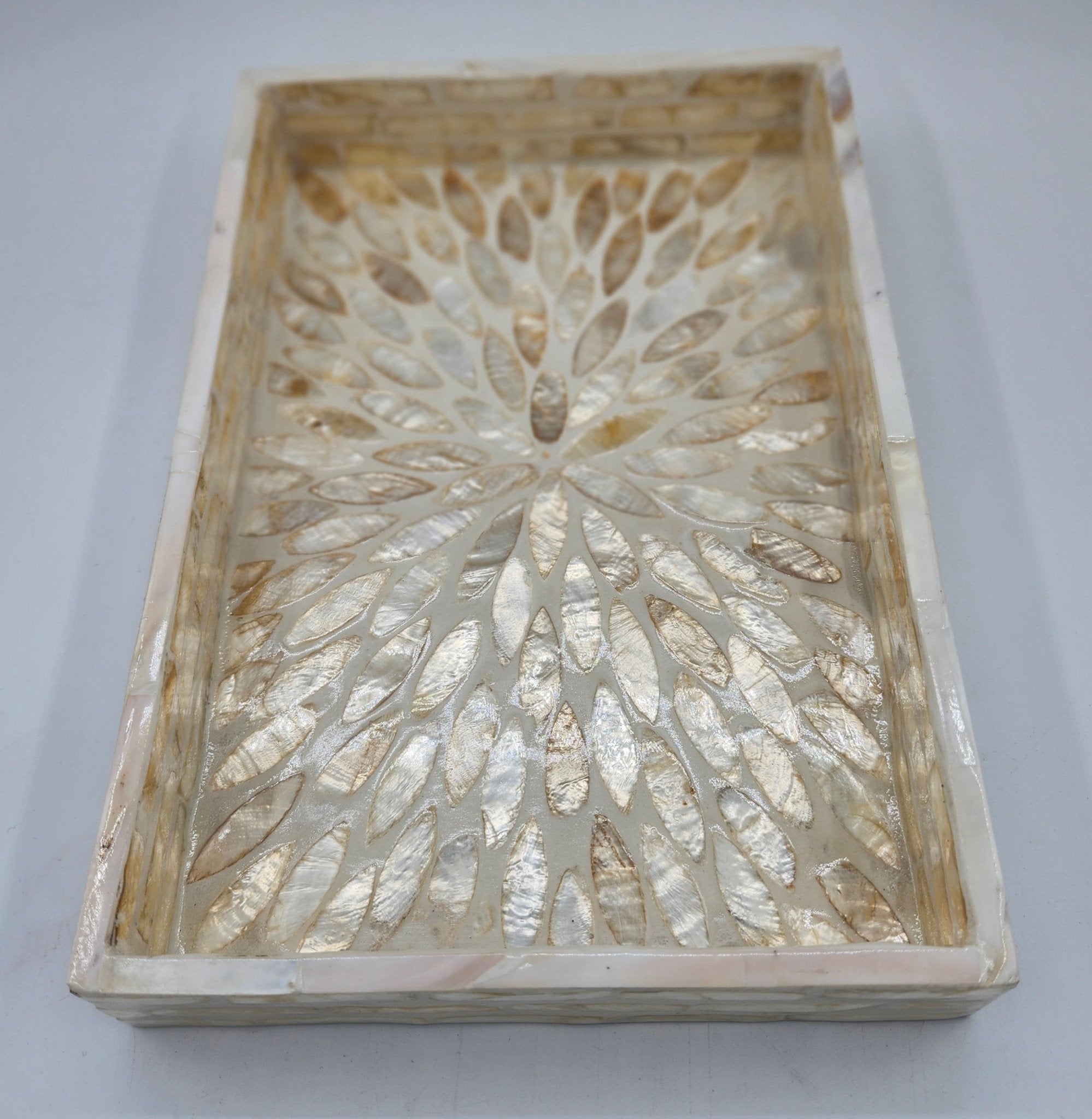 Mother of pearl tray in ivory inlay on a wood base, 25 x 17cm, a handmade tray for serving or trinkets